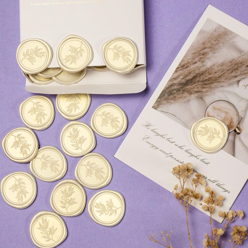 Pilloze 50Pcs Ivory White Self-Adhesive Wax Seal Stickers Wedding, Olive Branch Style Wax Seal Perfect for Wedding Invitation or Envelope Good Adhesion and Easy to Use - Image 4