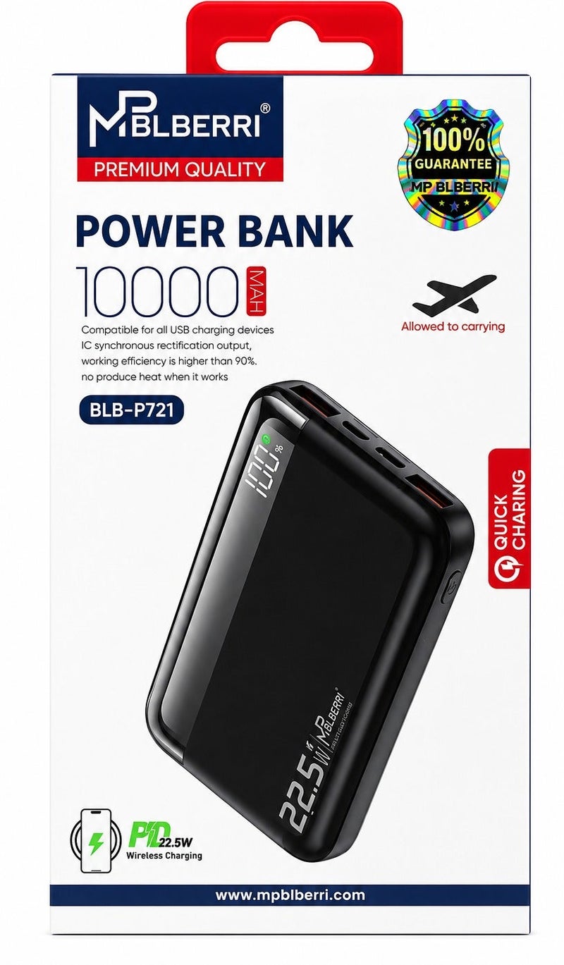 mpBLBERRI MP BLBERRI 10000mAh 22.5W PD Fast Charging Power Bank – Dual USB & Type-C Portable Charger with LED Display – BLB-P721 - Image 4