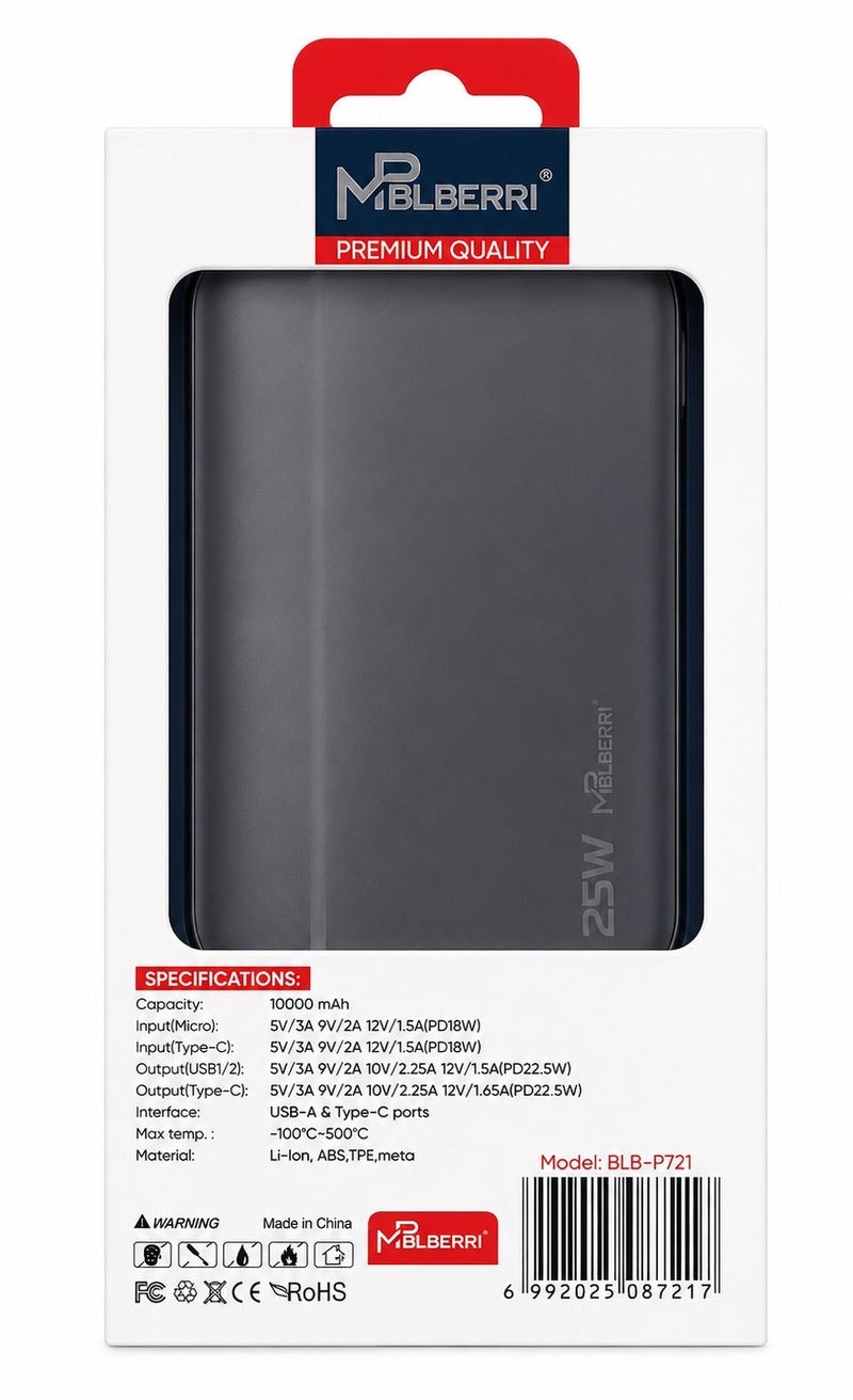 mpBLBERRI MP BLBERRI 10000mAh 22.5W PD Fast Charging Power Bank – Dual USB & Type-C Portable Charger with LED Display – BLB-P721 - Image 5