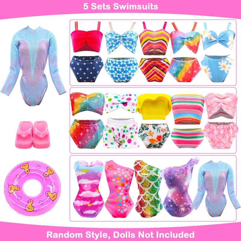ENOCHT Lot 26 Pack Doll Clothes and Accessories Beach Bathing Set Including 5 Swimsuit 1 Bathrobe 2 Swimming Rings with 18 pcs Glasses Shoes Drinks for 11.5 inch Girl Dolls - Image 3
