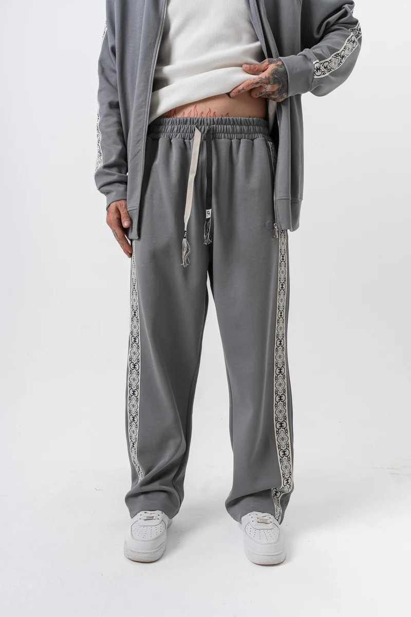 ريسباير بنطلون رياضي رجالي شتوي مزدوج الوجه بنقشة دمشقية مخططة رمادي مدخن