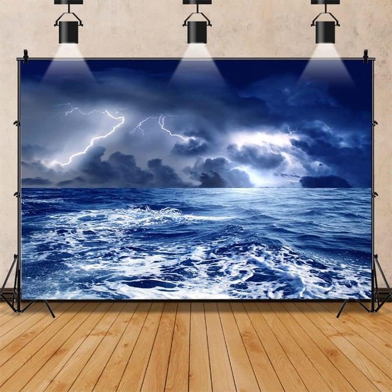 Renaiss Stormy Sea Backdrop for Photoshoot Adults Kids Portrait Dazzling Lightning Ocean Night Caribbean Sea Photography Background Birthday Nautical Pirate Themed Party Decor 7x5ft Photo Booth Props - Image 1