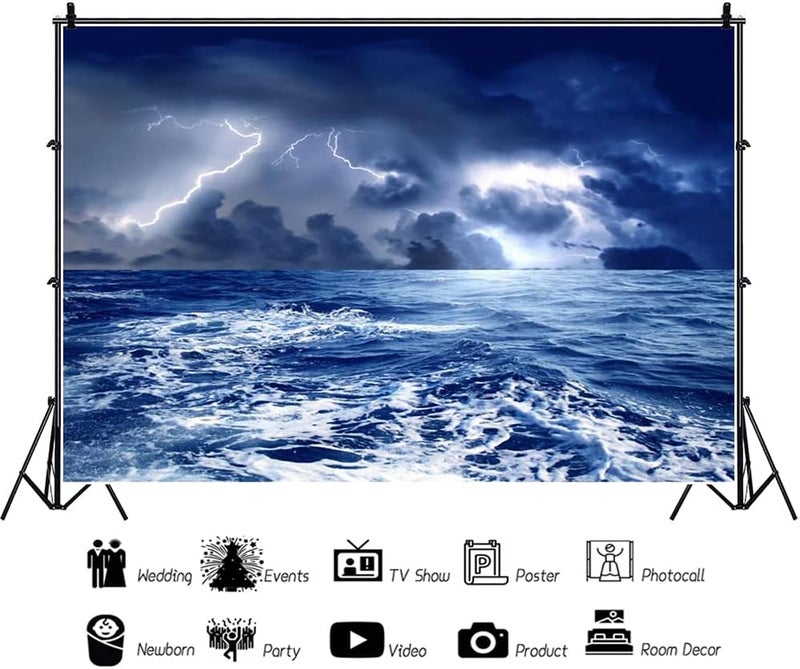 Renaiss Stormy Sea Backdrop for Photoshoot Adults Kids Portrait Dazzling Lightning Ocean Night Caribbean Sea Photography Background Birthday Nautical Pirate Themed Party Decor 7x5ft Photo Booth Props - Image 5