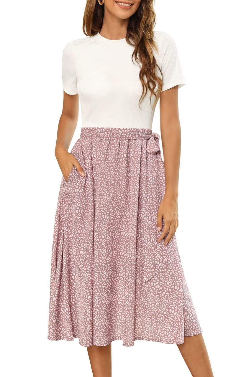 Zattcas Women 2026 Summer Dress Short Sleeve Ribbed Teacher Church Modest Casual Business Work Outfits Midi Dress with Pockets White Mauve L - Image 1