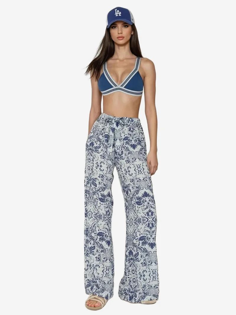 زوبعة بنطلون واسع الساق مطبوع برباط