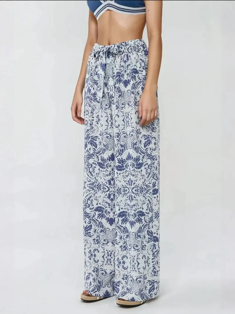 Hiccup Orange Printed Wide Leg Pants with Drawstring for Women | Best Price UAE