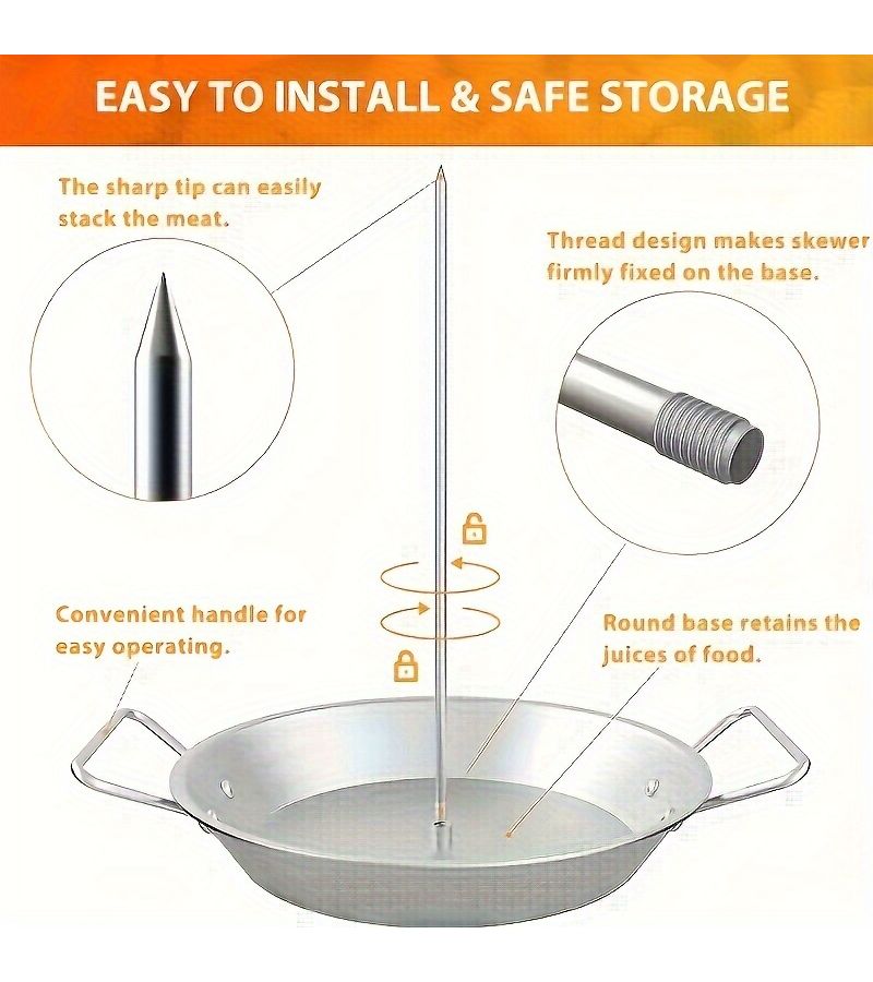 1 Round Vertical Stainless Steel Barbecue Pot With 3 Removable Skewers Outdoor Spiral Baking Pan Camping Meat Pan Household Grilled Chicken Roll Pan Round Grill Pan - Image 2