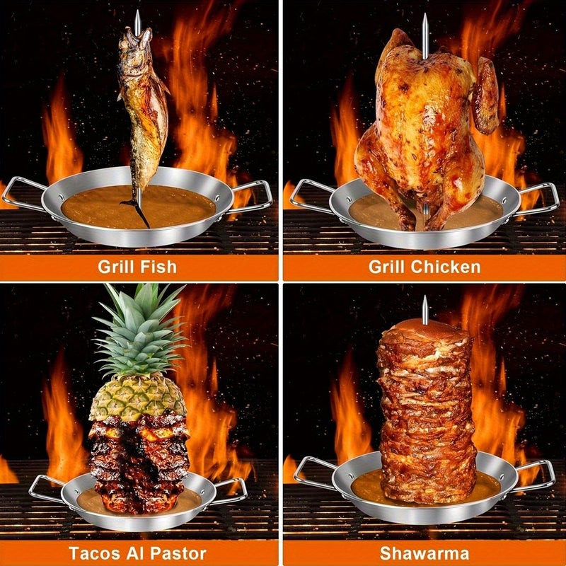 1 Round Vertical Stainless Steel Barbecue Pot With 3 Removable Skewers Outdoor Spiral Baking Pan Camping Meat Pan Household Grilled Chicken Roll Pan Round Grill Pan - Image 5