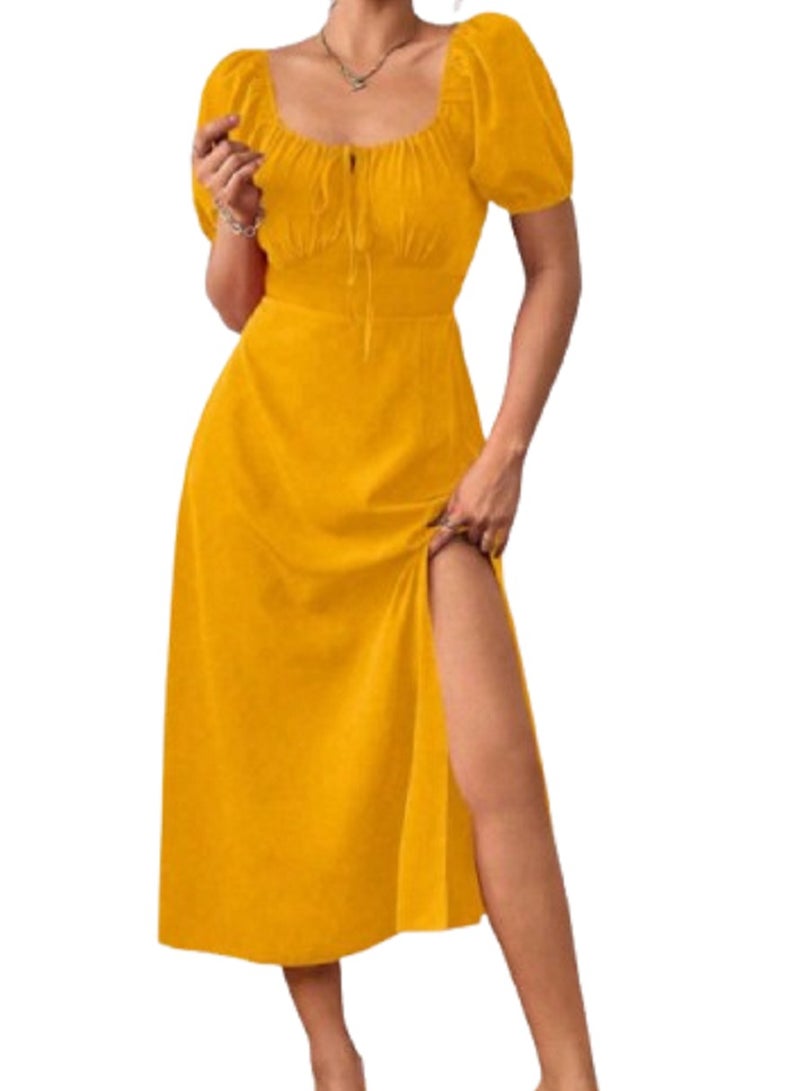 MANIKAN Elegant Dress with Puffed Sleeves and Side Slit- one size  - Image 1