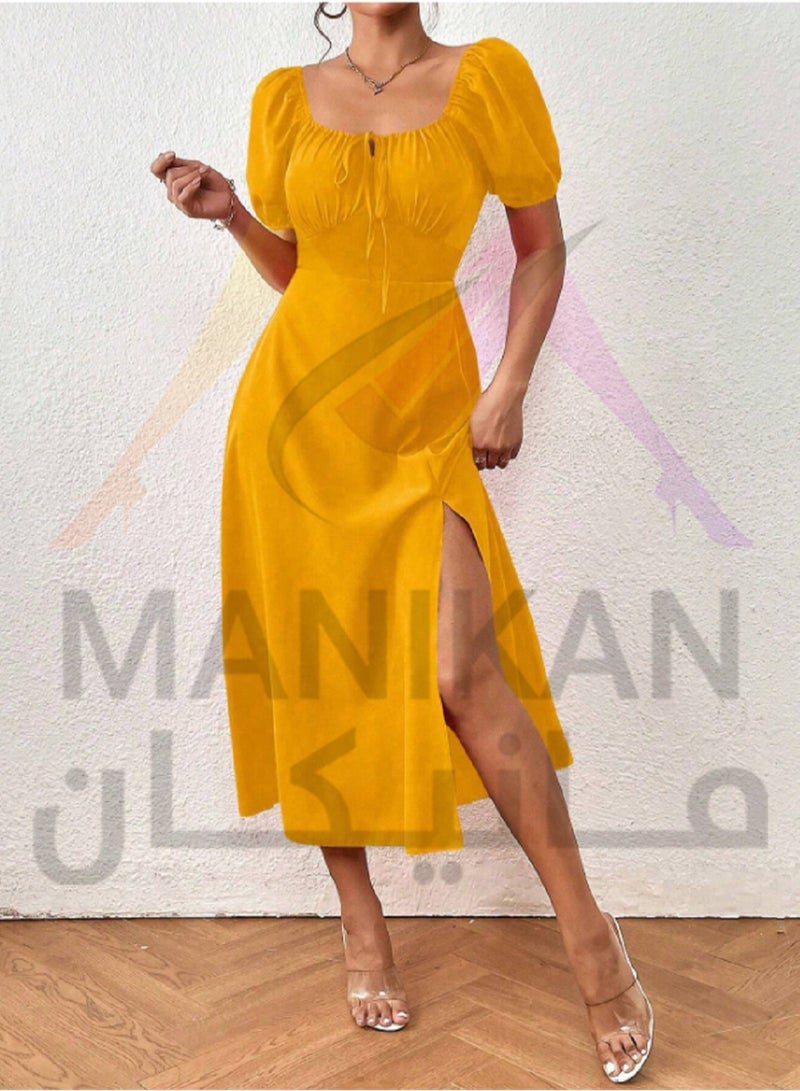 MANIKAN Elegant Dress with Puffed Sleeves and Side Slit- one size  - Image 3