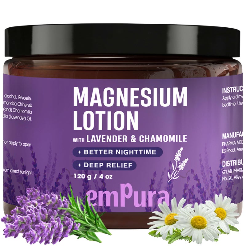 EMPURA Magnesium Lotion with Lavender & Chamomile â€“ Fast Absorbing Magnesium Cream for Relaxation & Muscle Relief, Hand Leg or Foot Lotion, Self Care Gifts for Women, Easter Gifts for Adults (4oz) - Image 1