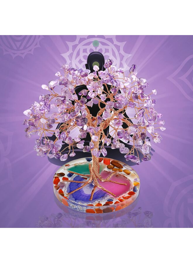 LAMAY 7 Chakra Healing Crystal Stones Tree, Amethyst Leaf Wire Wrapped on Natural Agate Slice Base, Home Office Desk Living Room Feng Shui Decoration for Wealth and Luck - Image 5