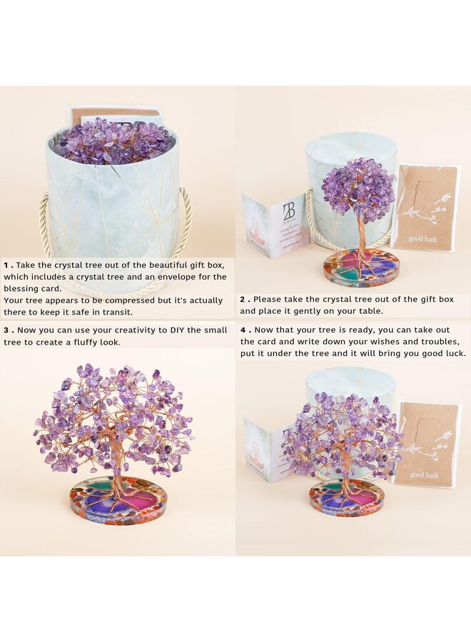 LAMAY 7 Chakra Healing Crystal Stones Tree, Amethyst Leaf Wire Wrapped on Natural Agate Slice Base, Home Office Desk Living Room Feng Shui Decoration for Wealth and Luck - Image 3