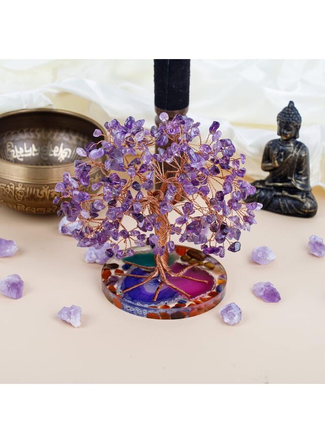 LAMAY 7 Chakra Healing Crystal Stones Tree, Amethyst Leaf Wire Wrapped on Natural Agate Slice Base, Home Office Desk Living Room Feng Shui Decoration for Wealth and Luck - Image 4
