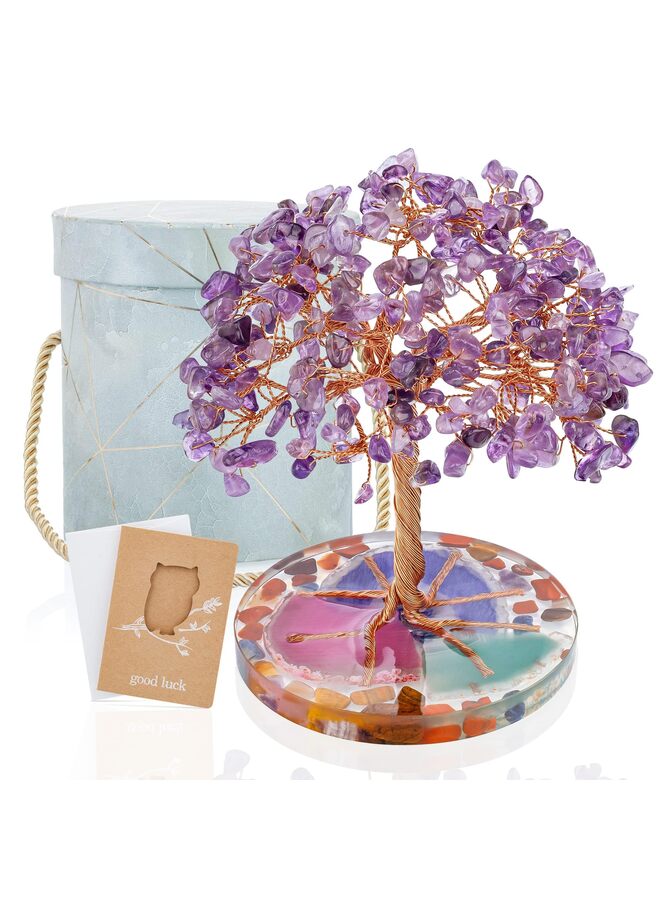 LAMAY 7 Chakra Healing Crystal Stones Tree, Amethyst Leaf Wire Wrapped on Natural Agate Slice Base, Home Office Desk Living Room Feng Shui Decoration for Wealth and Luck - Image 1