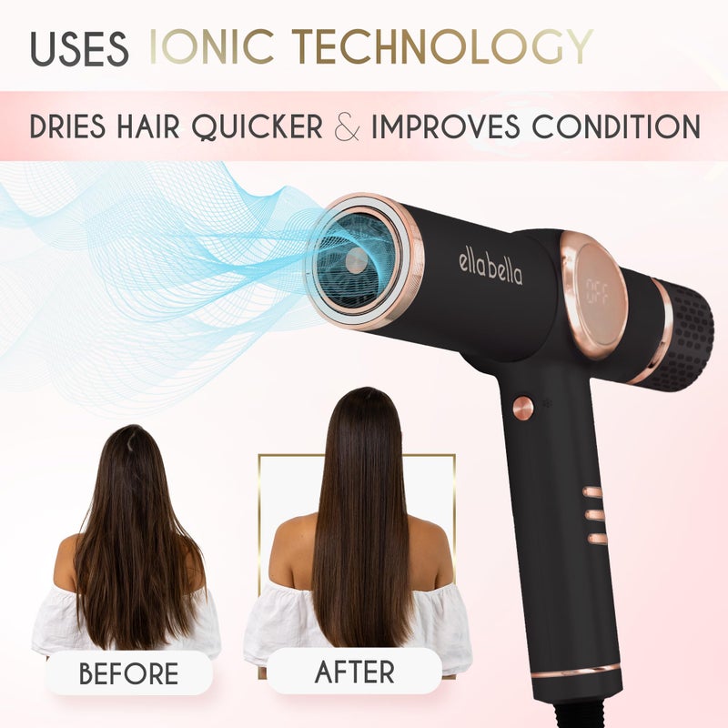 ELLA BELLA® Professional Ionic Hair Dryer with Diffuser • Negative Ion Blow Dryer • Suitable All Hair Types • Intelligent Heat Control & Rapid Drying Speeds • Lightweight Design • Low Noise Technology - Image 2