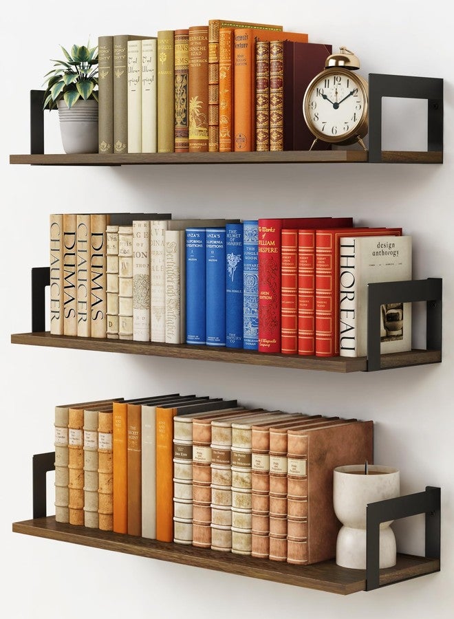 Harwaya Floating Book Shelves for Wall 3-Pack, 24 Inch Long Wall Mount Bookshelf for Bedroom, Rustic Farmhouse Wood Hanging Bookshelves for Living Room Office Books Plants (Dark Brown) - Image 1