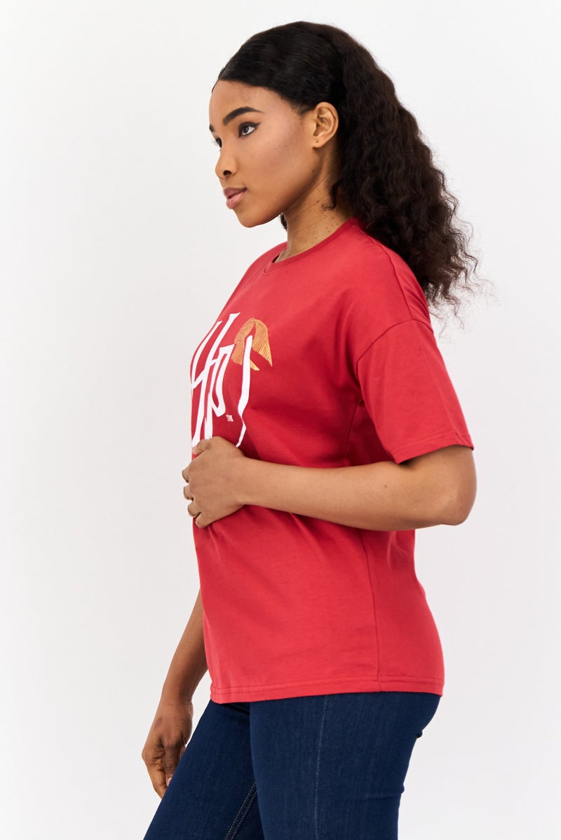 Harry Potter Women Crew Neck Short Sleeve Brand Logo T-Shirt, Red - Image 2