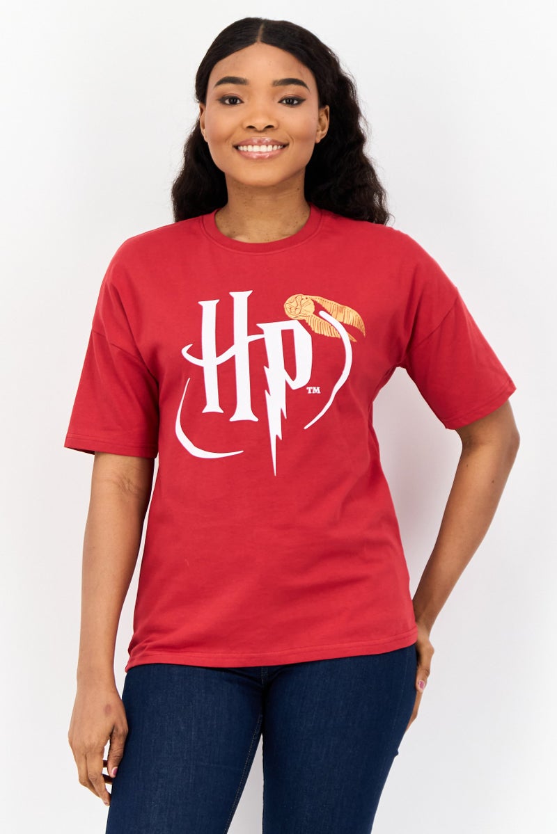 Harry Potter Women Crew Neck Short Sleeve Brand Logo T-Shirt, Red - Image 1