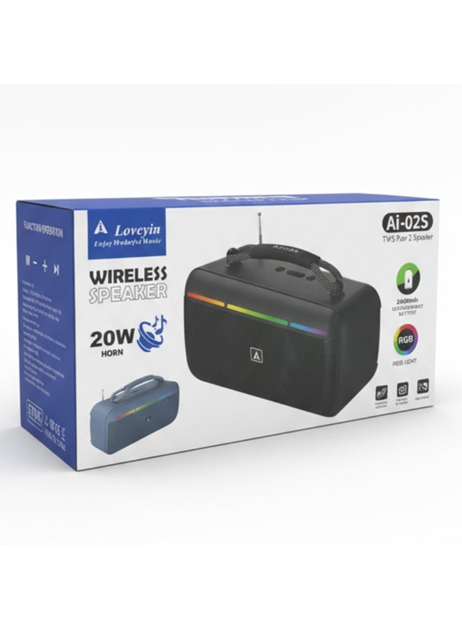 Ai-02S Bluetooth Speaker, 20W High Quality Wireless Speaker with Bluetooth 5.3, 2400mAh Rechargeable Battery, FM Radio, USB & Memory Card Support, Ideal for Outdoor, Home, Karaoke, Party, and Mobile Devices - Multicolour - Image 3