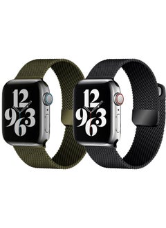 YOMNA [set of 2] YOMNA Magnetic Metal Milanese Loop Band Compatible with Apple Watch Band 42mm 44mm 45mm 49mm, Mesh Strap Replacement for iWatch Series Ultra SE 8 7 6 5 4 3 2 1 (Cargo Green/Jet Black) 