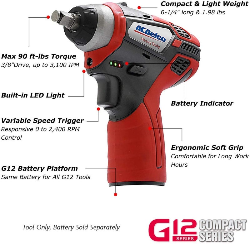 ACDelco Tools ACDelco ARW1209-K14 G12 Series 12V Li-ion Cordless 3/8” Rachet Wrench & Impact Wrench Combo Tool Kit - Image 4