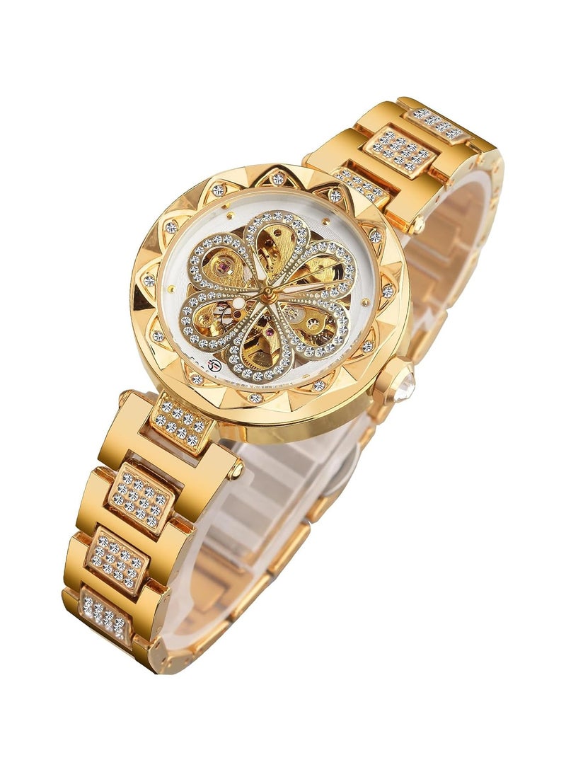 عام ساعة حريمي ذات تصميم زهري منقوش مع ألماس، ساعة أوتوماتيكية هيكل عظمي ستيمبانك، ساعة ذهبية، ساعة عتيقة، للسيدات والفتيات. - Image 1