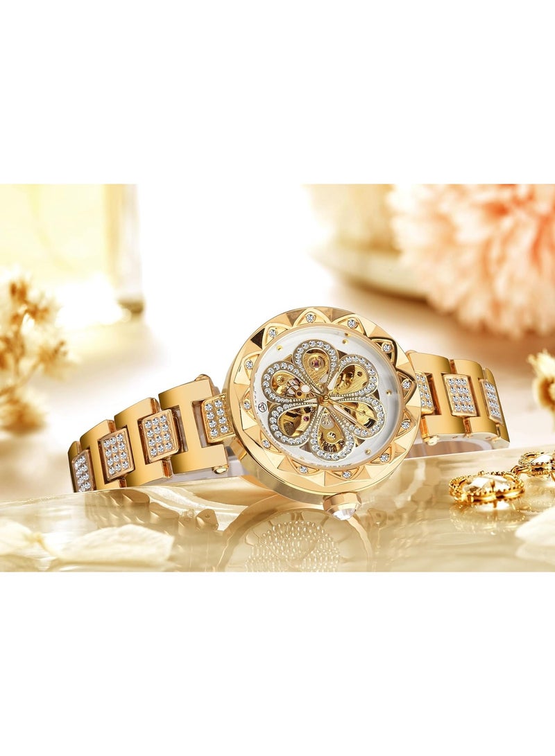 عام ساعة حريمي ذات تصميم زهري منقوش مع ألماس، ساعة أوتوماتيكية هيكل عظمي ستيمبانك، ساعة ذهبية، ساعة عتيقة، للسيدات والفتيات. - Image 2