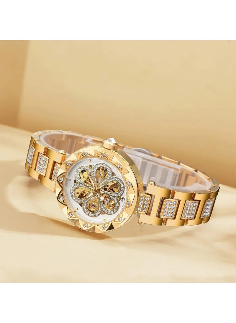 عام ساعة حريمي ذات تصميم زهري منقوش مع ألماس، ساعة أوتوماتيكية هيكل عظمي ستيمبانك، ساعة ذهبية، ساعة عتيقة، للسيدات والفتيات. - Image 3