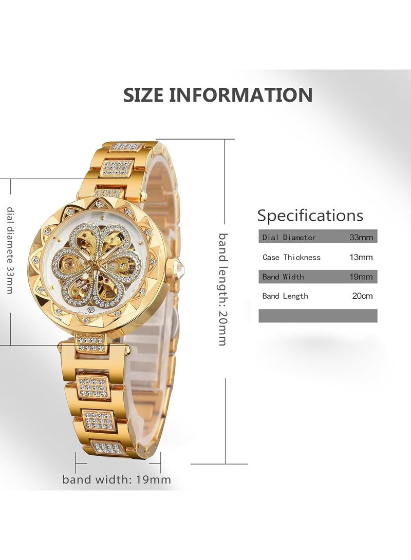 عام ساعة حريمي ذات تصميم زهري منقوش مع ألماس، ساعة أوتوماتيكية هيكل عظمي ستيمبانك، ساعة ذهبية، ساعة عتيقة، للسيدات والفتيات. - Image 5