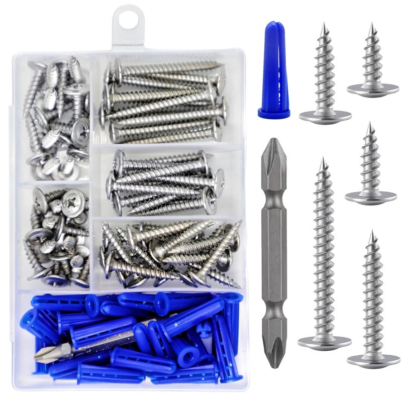 Wensilon (95 pcs)#8 Phillips Truss Head Wood Screws Stainless Steel 410 Quick Metal Self Tapping with Drywall Plastic Anchors Assortment Kit - Image 1