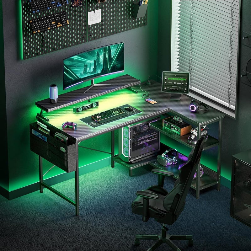 Coleshome L Shaped Gaming Desk with LED Lights, 100 × 70 cm Computer Desk with Power Outlet, Reversible Corner Gaming Table with Storage Shelves & Monitor Stand, Carbon Fiber Black - Image 2