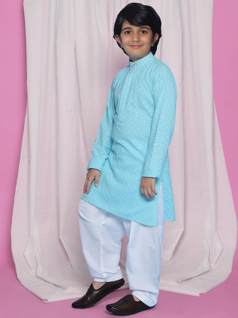 AJ DEZINES Boys Ethnic Kurta Pajama Set | Cotton Full Sleeve Chikankari Kurta with Sequins | Traditional & Festive Outfit | Mandarin Collar, Regular Fit | Special Occasion Outfit for Kids | SKYBLUE-6 - Image 5