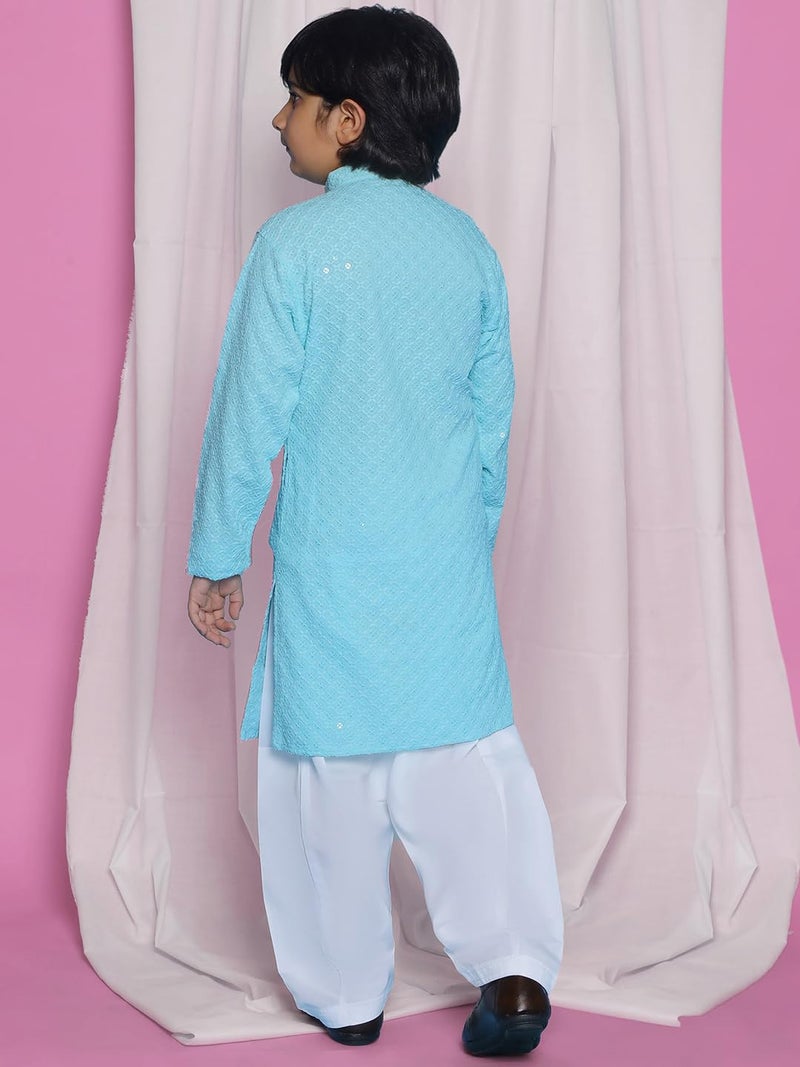 AJ DEZINES Boys Ethnic Kurta Pajama Set | Cotton Full Sleeve Chikankari Kurta with Sequins | Traditional & Festive Outfit | Mandarin Collar, Regular Fit | Special Occasion Outfit for Kids | SKYBLUE-6 - Image 3