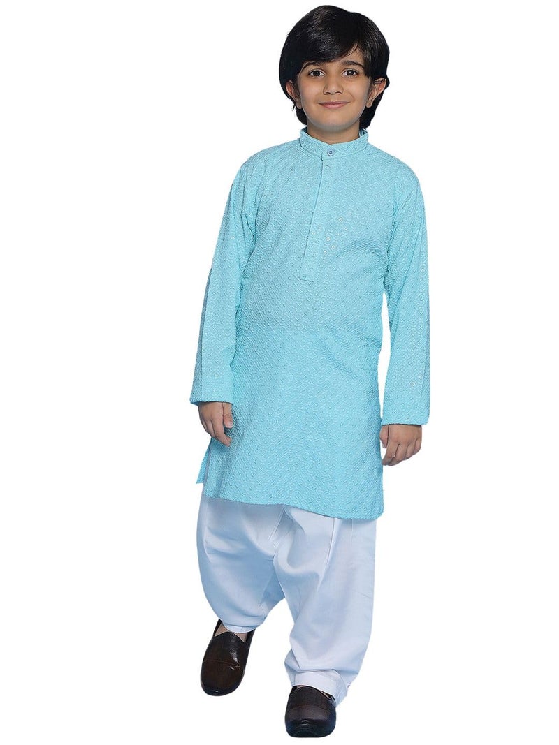 AJ DEZINES Boys Ethnic Kurta Pajama Set | Cotton Full Sleeve Chikankari Kurta with Sequins | Traditional & Festive Outfit | Mandarin Collar, Regular Fit | Special Occasion Outfit for Kids | SKYBLUE-6 - Image 1