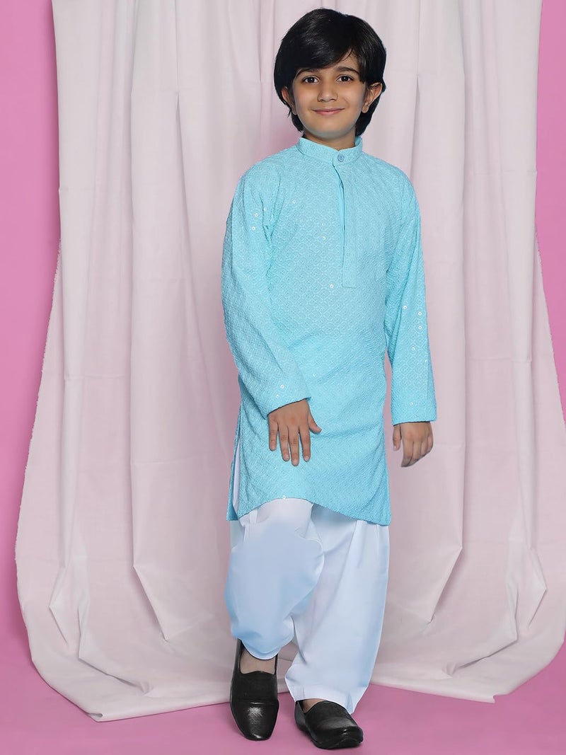 AJ DEZINES Boys Ethnic Kurta Pajama Set | Cotton Full Sleeve Chikankari Kurta with Sequins | Traditional & Festive Outfit | Mandarin Collar, Regular Fit | Special Occasion Outfit for Kids | SKYBLUE-6 - Image 2
