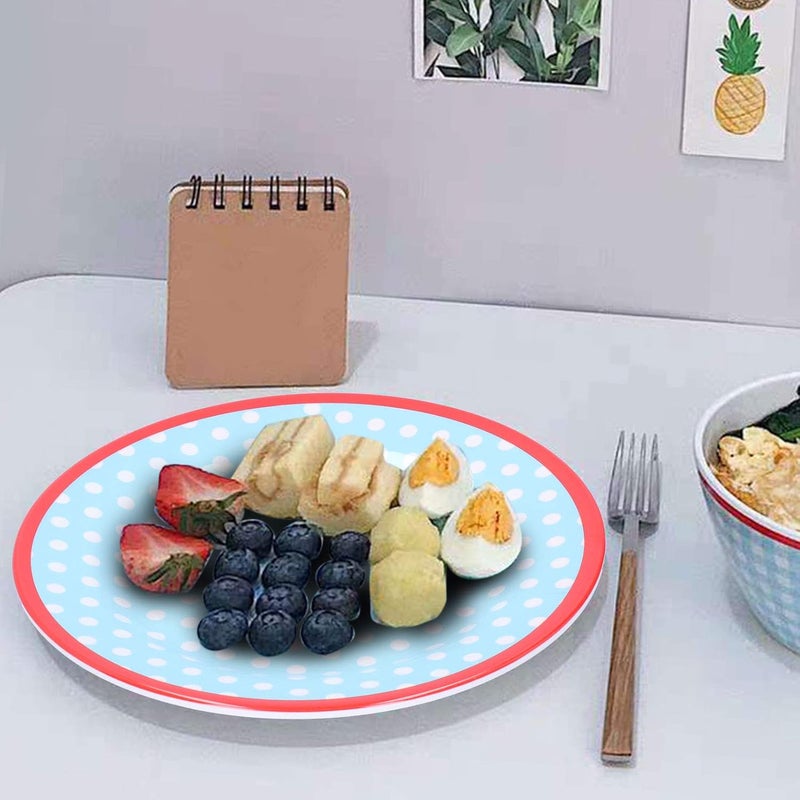 4 Pack 9 Inch Melamine Salad Plates, Fruit Dessert Cake Dishes, Smooth Glossy Finish Drop - Proof Tableware with High - Grade Imitation Porcelain Look for Home and (light blue dots) - Image 2