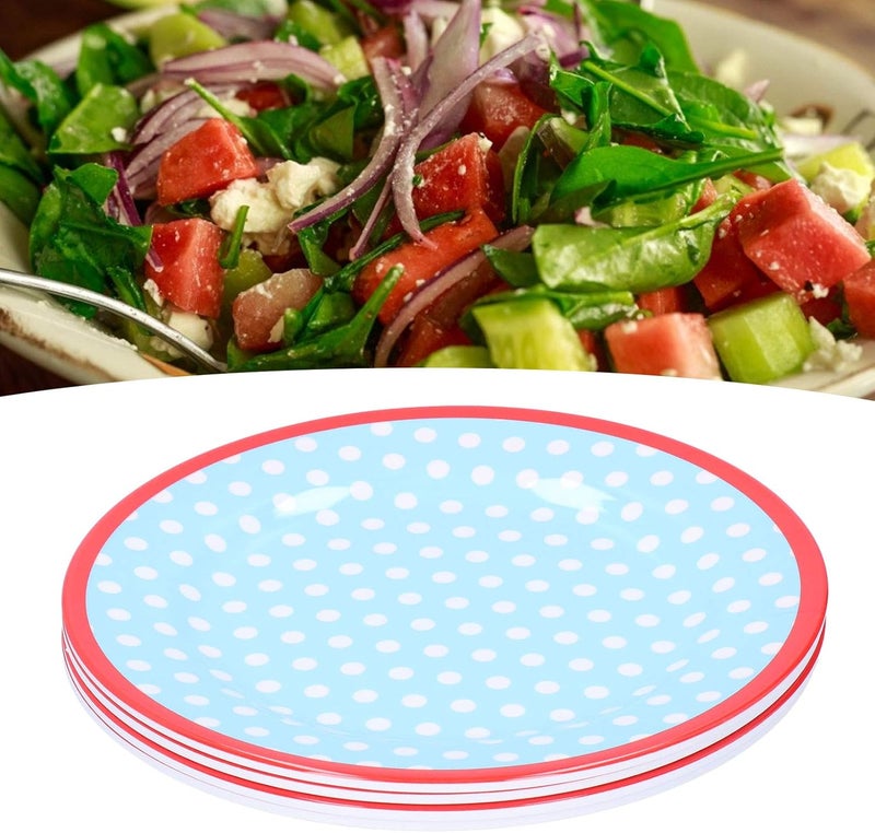 4 Pack 9 Inch Melamine Salad Plates, Fruit Dessert Cake Dishes, Smooth Glossy Finish Drop - Proof Tableware with High - Grade Imitation Porcelain Look for Home and (light blue dots) - Image 5