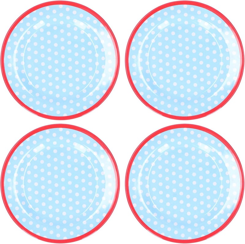 4 Pack 9 Inch Melamine Salad Plates, Fruit Dessert Cake Dishes, Smooth Glossy Finish Drop - Proof Tableware with High - Grade Imitation Porcelain Look for Home and (light blue dots) - Image 1