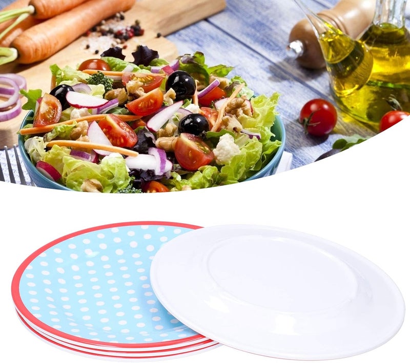 4 Pack 9 Inch Melamine Salad Plates, Fruit Dessert Cake Dishes, Smooth Glossy Finish Drop - Proof Tableware with High - Grade Imitation Porcelain Look for Home and (light blue dots) - Image 4