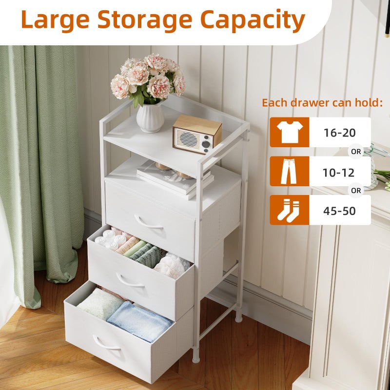 Somdot Nightstand with 3 Drawers, Dresser with Fabric Bins for Bedroom, Hallway, Entryway, Night Stand Bedside Table Furniture, Sturdy Steel Frame, Wooden Top, Easy Pull Fabric Bins, White Leather - Image 5