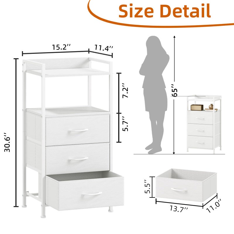 Somdot Nightstand with 3 Drawers, Dresser with Fabric Bins for Bedroom, Hallway, Entryway, Night Stand Bedside Table Furniture, Sturdy Steel Frame, Wooden Top, Easy Pull Fabric Bins, White Leather - Image 2
