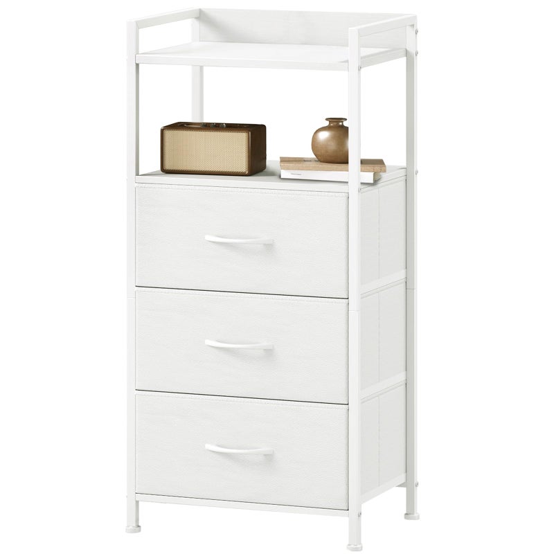 Somdot Nightstand with 3 Drawers, Dresser with Fabric Bins for Bedroom, Hallway, Entryway, Night Stand Bedside Table Furniture, Sturdy Steel Frame, Wooden Top, Easy Pull Fabric Bins, White Leather - Image 1