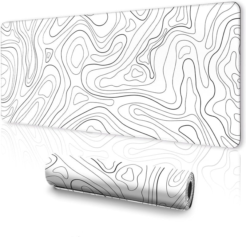 SKAFA Topographic Contour Gaming Mouse Pad With Stitched Edges Whitetopographic Map Desk Mat Extended Xl Mousepad With Anti-Slip Base Cool Desk Pad For Keyboard And Mouse. (White)