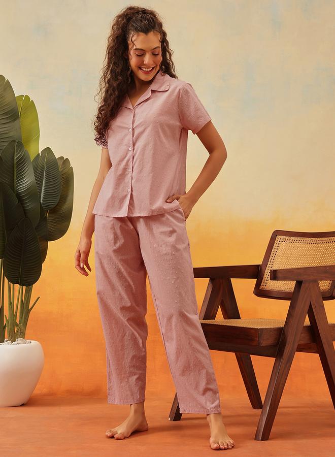 Clovia Dobby Weave Buttoned Shirt and Pyjama Set - Image 1