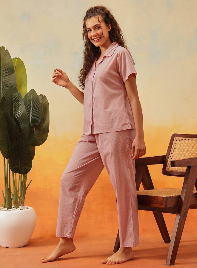 Clovia Dobby Weave Buttoned Shirt and Pyjama Set - Image 4