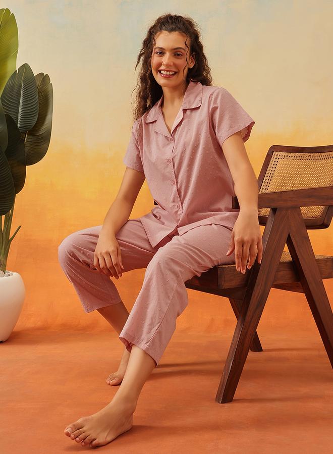 Clovia Dobby Weave Buttoned Shirt and Pyjama Set - Image 2