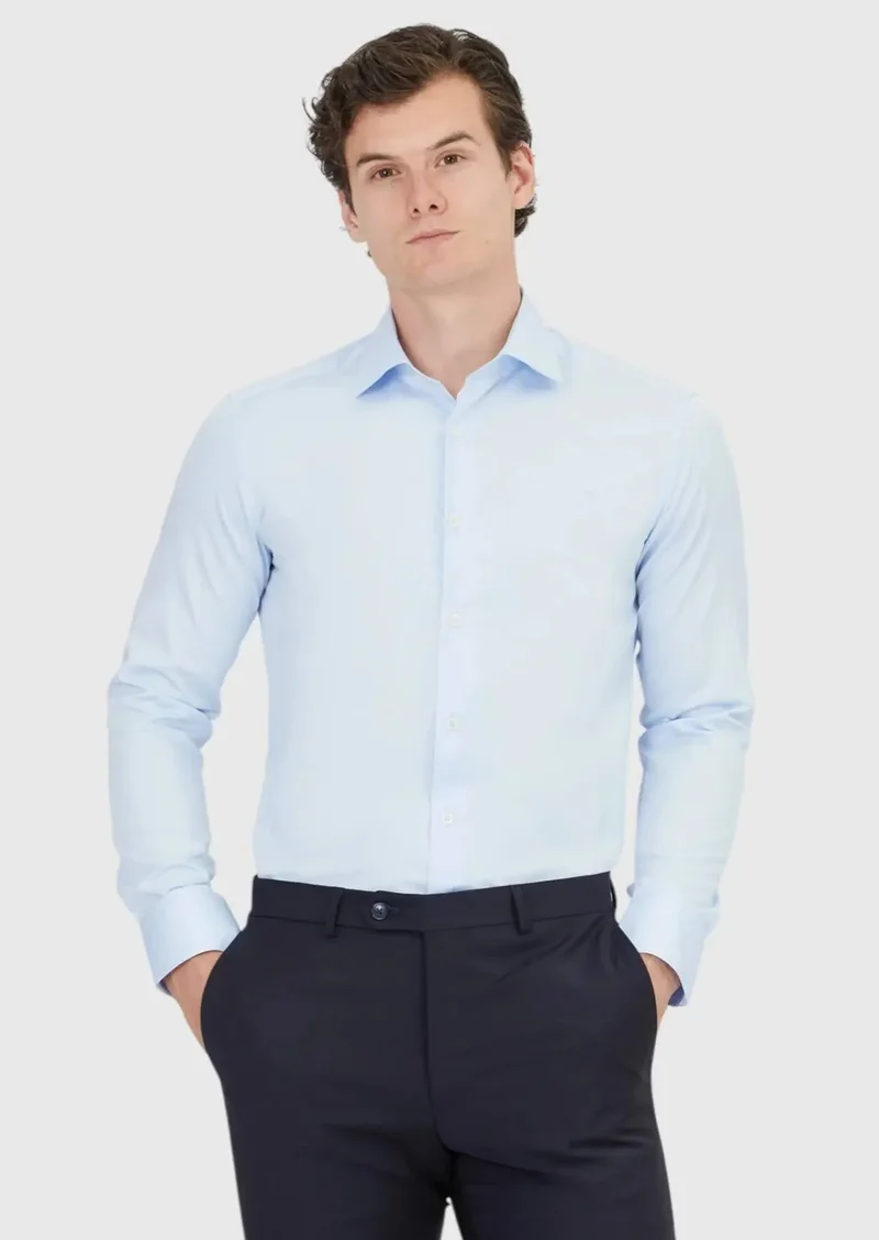 RAMSEY Dark Blue Plain Slim Fit Weaving Classical 100% Cotton Shirt