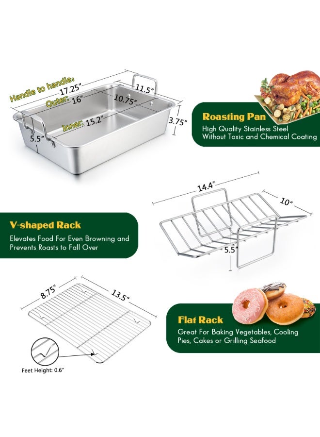 WALALLA Heavy Duty Stainless Steel Roasting Pan 40x30x10cm – Turkey Roaster with V-Shaped & Flat Rack, Non-Toxic & Dishwasher Safe Deep Broiling Pan for Oven, Perfect for Holiday Meals, Roasts & Vegetables - Image 2