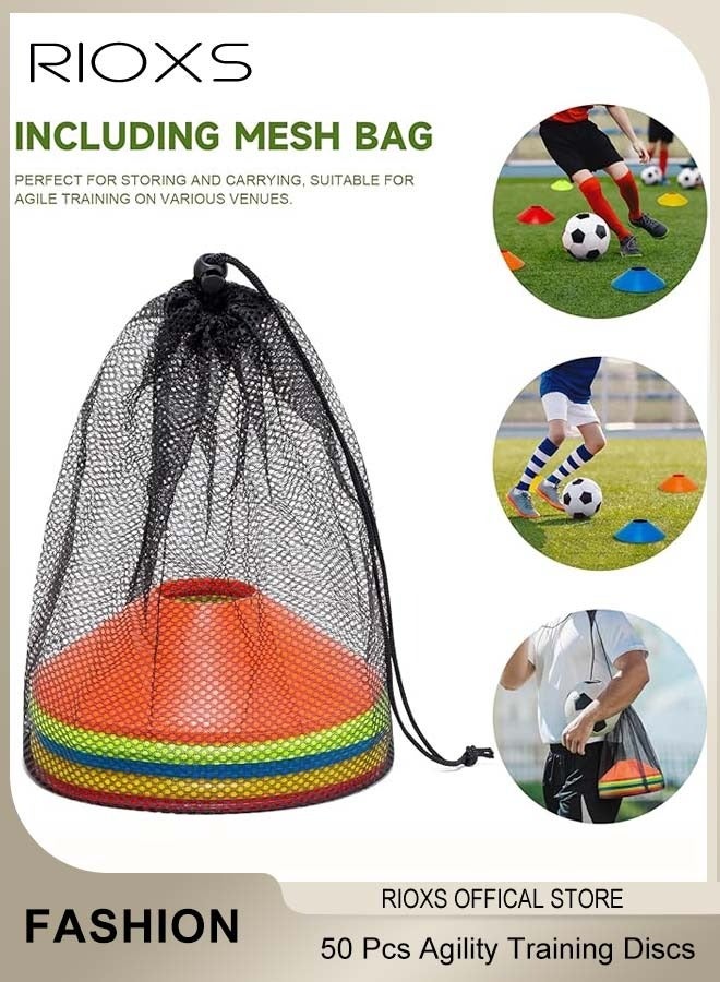 RIOXS 50 Pcs Football Thickened Marking Discs Agility Training Discs Football Training Equipment with Shelf and Storage Bag for Football and Basketball Stadium Conical Markers - Image 1